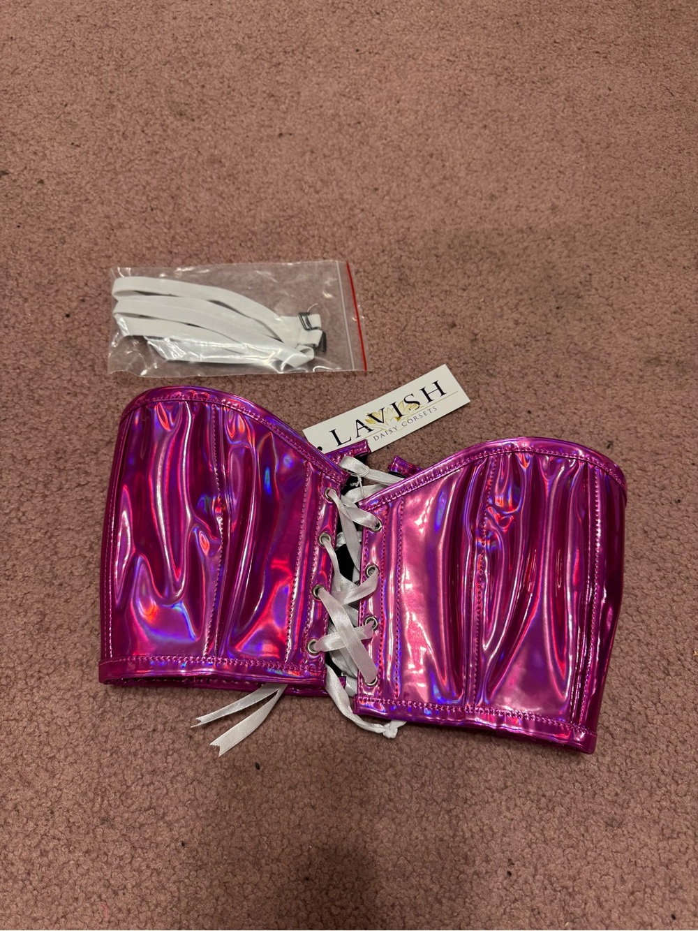 New M hot pink holographic buster corset top festival rave raver costume blouse